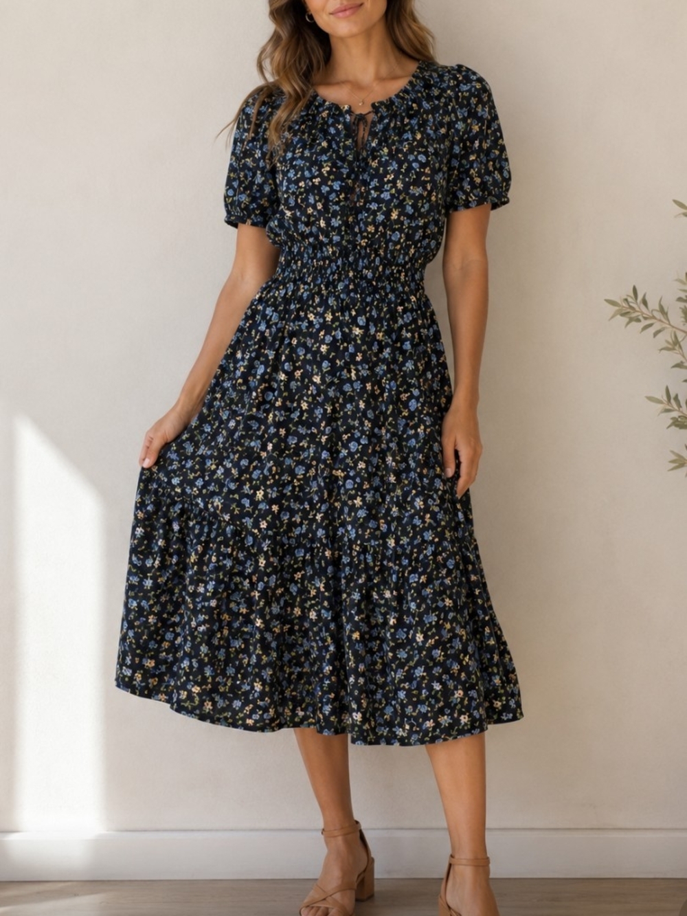 Kormei Floral Smocked Midi Dress | Size Medium | Navy Blue Cottagecore